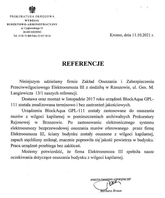 Referencje od Prokuratury Okręgowej w Krośnie